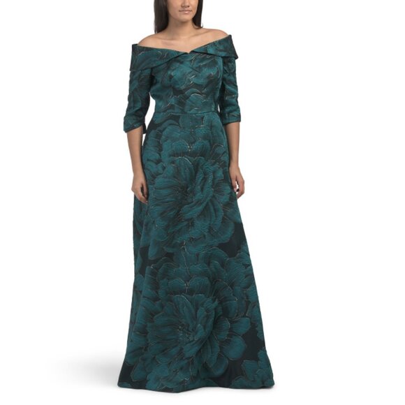TERI JON Teal Multi Jacquard Floral Gown - Picture 1 of 2